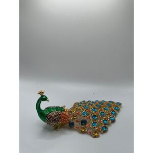 Peacock Trinket Box Hinged Enameled Rhinestone Bejeweled Jewelry Green Blue#512